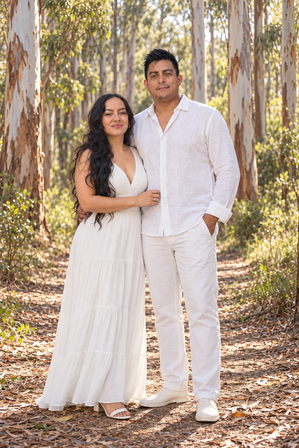 Andrés y Anita abrazados en un bosque de eucaliptos