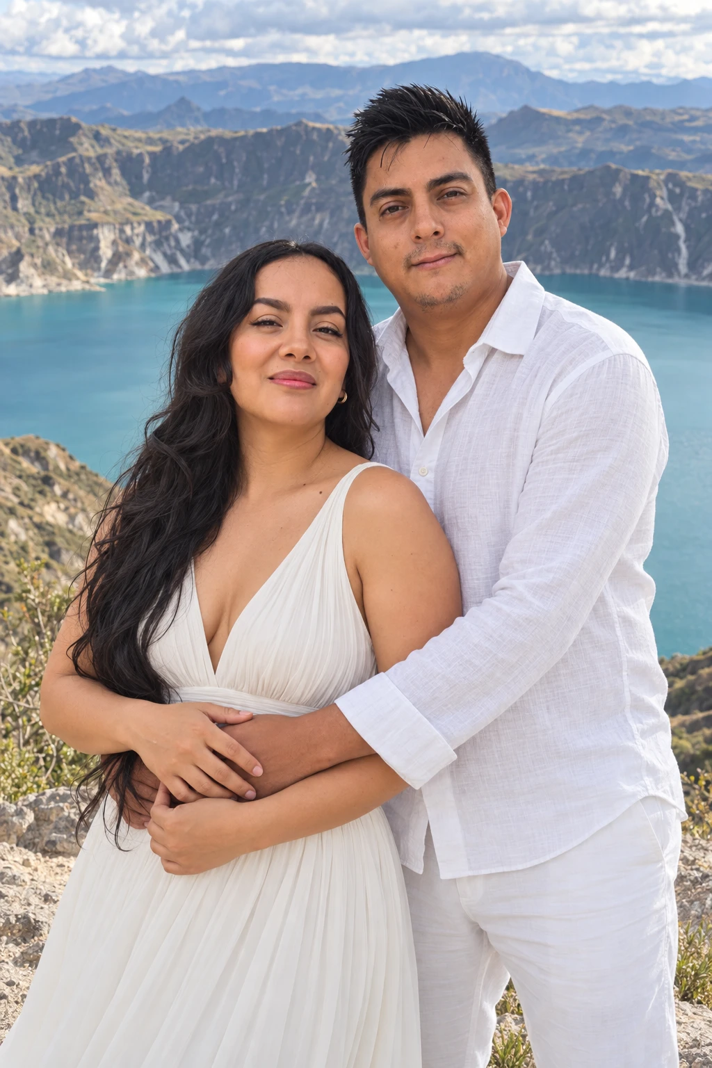 Andrés y Anita abrazados frente al paisaje de montañas y laguna